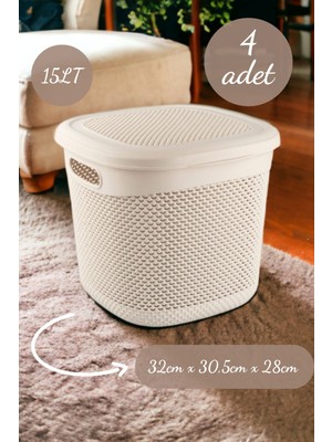 Mediterian Damla Desenli Kapaklı Çok Amaçlı Sepet, 15 Litre, 4'lü Bej Set