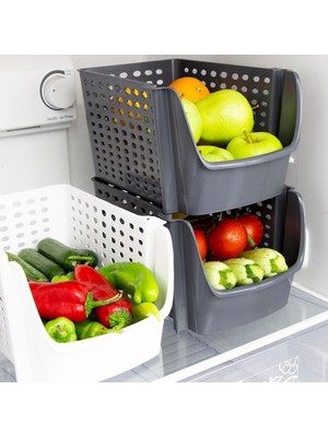 Mediterian İstiflenebilir Geniş Sepet Dolap ve Buzdolabı Düzenleyici, Siyah, Plastik, Orta Hacim