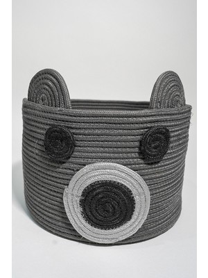 Mediterian Sevimli ayı tasarımlı pamuk jüt saklama sepeti, kulplu, gri, 20x30 cm