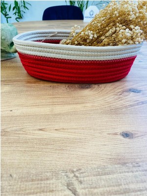 Mediterian Kırmızı krem renkli hasır jüt sepet, doğal ve şık dekoratif küçük ürün