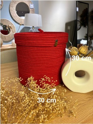 Mediterian Çok Amaçlı Kapaklı Jüt Sepet, Saksılık ve Organizer, 30x30, Kırmızı