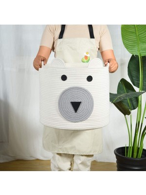 Mediterian Sevimli ayı motifli pamuk jüt saklama sepeti, kulplu, 30x30 cm, beyaz renk