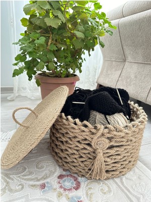 Mediterian Şık metal tel ve jüt halatlı orta boy dekoratif sepet, bej renk, çok amaçlı kullanım.