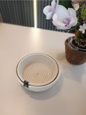 Mediterian 2'li Çok Amaçlı Dekoratif Örgü Kordon Sepet Seti, Beyaz, 20x8 cm