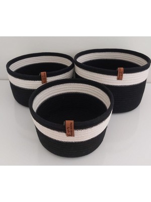 Mediterian 3'lü Siyah Beyaz Hasır Kova Sepet Takımı, Düzenleyici ve Dekoratif Organizatör