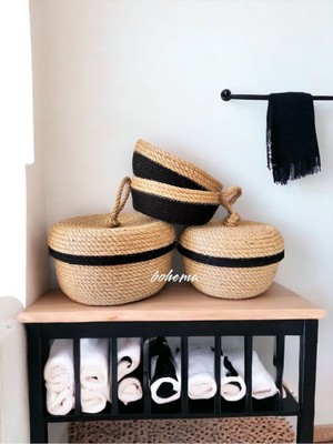 Mediterian Doğal görünümlü kahverengi hasır banyo düzenleyici sepet