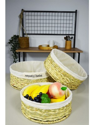 Mediterian 3'lü Yuvarlak Hasır Sepet Seti, şık ve kullanışlı ev dekoru, bej renk, küçük boy