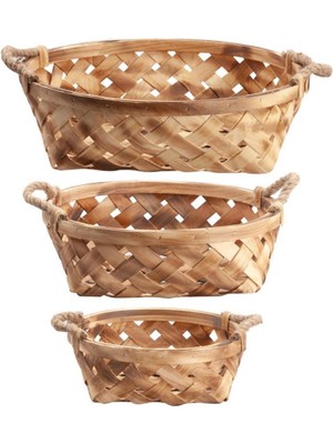 Mediterian Bej Renkli 3 Parça Ahşap Hasır Yuvarlak Sepet Seti, Şık ve Kullanışlı Dekoratif Sepetler