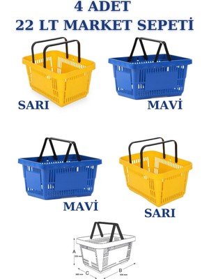 Mediterian 2 Renkli 22L Market Sepeti, 4’lü Set, Saplı, Pratik ve Şık, Plastik, Sarı ve Mavi