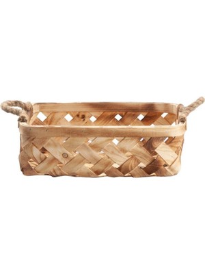 Mediterian Bej Ahşap Hasır Kare Sepet 35x25x10 cm, Hafif ve Şık Saklama Çözümü