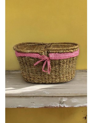 Mediterian Renkli Hasır Rattan Piknik Sepeti Oval Ekoseli, Ahşap, Küçük Hacim, 1 Parça