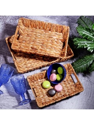 Mediterian Şık 3'lü Hasır Sepet Seti, Kahverengi, Dikdörtgen, Kullanışlı ve Hafif