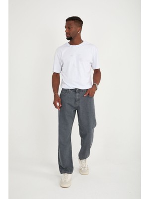 Enzim Jeans Erkek Baggy Fit 100% Pamuk Denim Pantolon Açık Gri 5 Cep Detaylı Rahat Günlük Kullanım