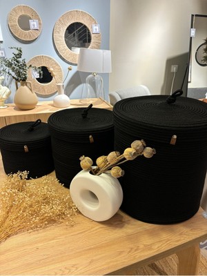 Mediterian Kapaklı 3'lü Çok Amaçlı Düzenleyici Sepet, Siyah, Jüt, Büyük (50+ çap)