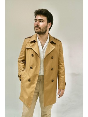 Ressho Koyu Bej Erkek Trençkot Düğmeli Orta Kalınlık Günlük Kullanım İçin