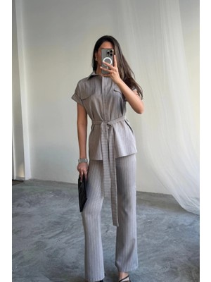 Defy Moda Çizgili Polyviskon Bluz - Pantolon Takım - Gri