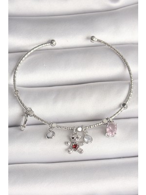 Pirinç Gümüş Renk Sallantı Zirkon Taşlı Ayıcık Figür Kırmızı Taş Detay Charm Kadın Bileklik - EBJ250501W32834