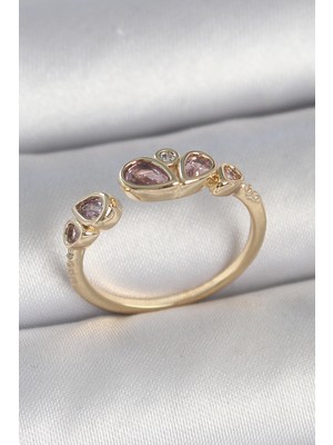 Pirinç Gold Renk Pembe Damla Zirkon Taşlı Ayarlanabilir Kadın Yüzük - EBJ250501W33629
