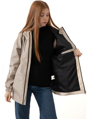 Spor Kadın Astarlı Su Geçirmez ve Rüzgara Dayanıklı Kapüşonlu Cepli Yağmurluk - Rüzgarlık