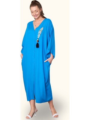 Markano Mavi V Yaka Tüy Nakışlı Boncuklu Cepli Oversize Uzun Elbise