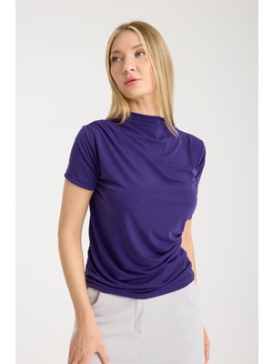 Mor Kısa Kollu Büzgülü Bluz