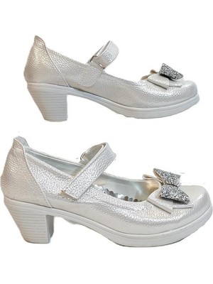 Fiyra 9051 Beyaz Kurdaleli Cırtlı Bantlı Kız Çocuk Topuklu Ayakkabı