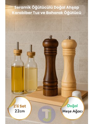 Technojet 2adet Baharat Öğütücü Açık Koyu Renk Doğal Ahşap Değirmen Karabiber Kahve Tuzluk Biberlik