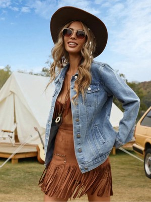 Wkm Kadın Denim Boyfriend Ceket Buz Mavi Relaxed Kalıp Uzun Kol Cepli Casual Stil