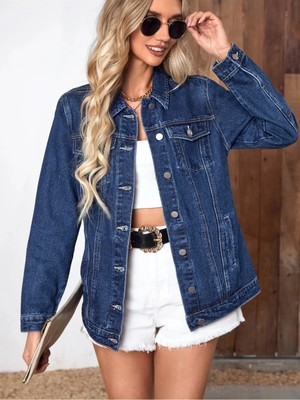 Wkm Kadın Denim Boyfriend Kot Ceket Uzun Kol Relaxed Kesim Lacivert Cepli Casual Stil