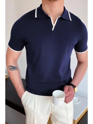 Santos Yakası ve Kolu Şeritli Likralı Slim Fit Polo Yaka Örme Erkek Triko Tshirt