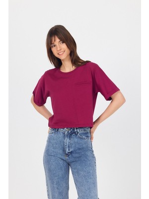 Bordo Sahte Cep Detaylı Bisiklet Yaka Crop Tişört 2136M