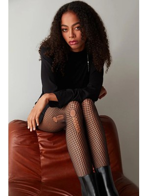 Kadın New File Torn Fishnet Siyah Külotlu