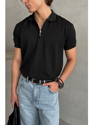 Erkek Oversize Fermuarlı Polo Yaka Triko T-Shirt