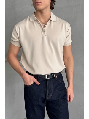 Erkek Oversize Fermuarlı Polo Yaka Triko T-Shirt