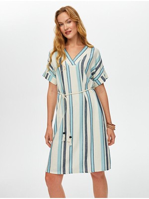 Çizgili Gömlek Yaka Kemerli Keten Karışımlı Elbise S25ELB040