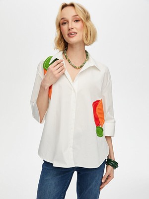 Faik Sönmez Renkli Patch Detaylı 3/4 Kol Poplin Gömlek S25GML029