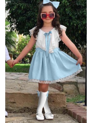 Kız Çocuk V Yaka Omuzları ve Etek Ucu Dantel Işlemeli Mavi Elbise