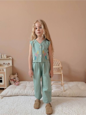 Wikiboom Çiçek Nakışlı Yelek Pantolon Takımı %100 Pamuklu