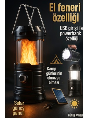 Volemi Alevli Powerbank Özellikli Kamp Lambası Güneş Enerjili Kamp Çadır Feneri LED Solar Şarjlı El Feneri.