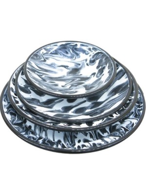 Es Dekor Emaye El Dekor 4 Parça Yemek Takım Marble Desen Tabak Kase Benekli Siyah Beyaz Ebruli
