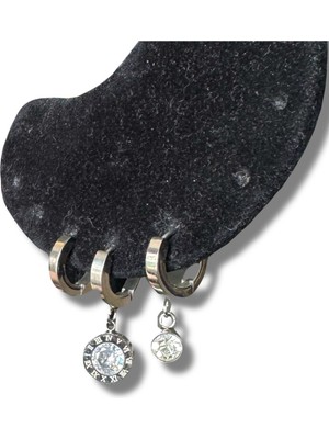 Üçlü Roma Rakamlı Yuvarlak Çelik Küpe