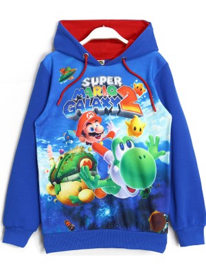 DobaKids Super Mario 3D Baskılı Kışlık Mevsimlik Uzun Kollu Kapüşonlu Hoodie Sweatshirt Mavi 001-0002048