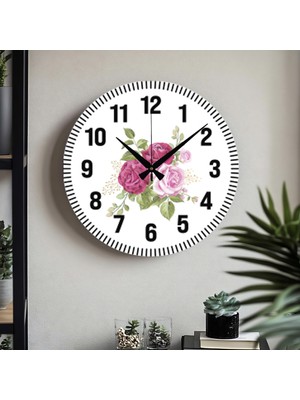 Çiçek Desenli Dekoratif Türkçe Rakamlı Uv Baskılı Duvar Saati (Sessiz) Akar Mekanizma Metal Akrep