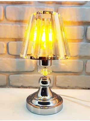 Modern Dekoratif Krom Mini Metal Ayaklı Kristal Taşlı Kristal Konik Şapkalı Abajur Masa Lambası