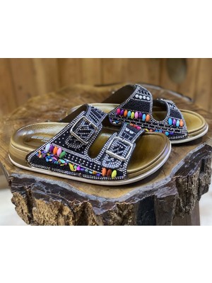 Kadın Doğal Taşlı Siyah Çift Tokalı Deri Taban Taşlı Şık Rahat Terlik-