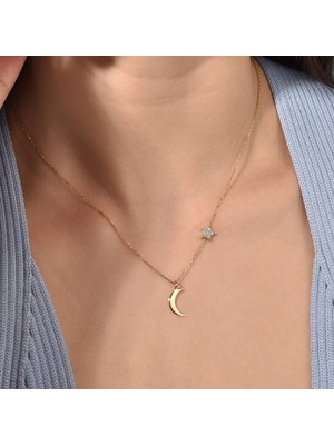 14 Ayar Altın Kaplama Zarif Ay ve Yıldız Gümüş Kolye - CNS00622