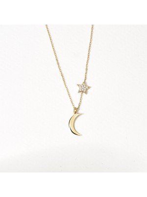 Nox Jewelry 14K Altın Kaplama Ay Yıldız Kolye Zirkon Taşlı Minimal Şık Kadın GümüşKolye - CNS00622
