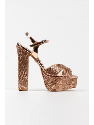 Kadın Moda Şık Gold Ayna Full Taşlı Klasik Köşe Kalıplı Kalın Düğün Nişan Gece Abiye Ayakkabı