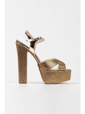 Kadın Moda Şık Gold Ayna Full Taşlı Klasik Köşe Kalıplı Kalın Düğün Nişan Gece Abiye Ayakkabı