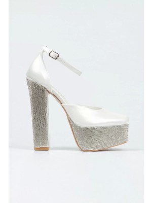 Kadın Moda Sedef Cilt Ökçe Poli Taşlı Klasik Köşe Kalıplı Kalın Düğün Nişan Gece Abiye Ayakkabı